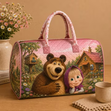 Masha and the Bear Quilt Weekend Bag, Cute Cartoon Quilted Travel Duffel Bag, Forest Adventure Overnight Bag, Kids Gift UO2W62-RD
