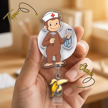 Curious George Badge Reel, Funny Monkey ID Holder, Retractable Clip for Nurse Teacher Student, Classic Cartoon Work Badge Reel Gift G6GY01-1