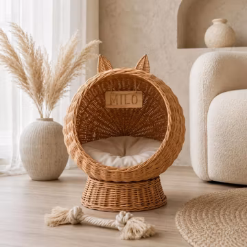 Personalized Wicker Pet Bed – Handwoven Cat and, Small Dog House with Cushion, Eco-Friendly & Stylish, Durable Pet Furniture, Natural Vine