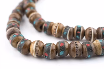 108 Brown Inlaid Bone Mala Beads: Mala Strand Yoga Meditation Round Shaped Beads Boho Bone Beads 8mm Mala Beads (BON-RND-BRN-432)