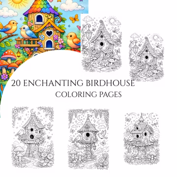 Birdhouse Coloring Pages - 20 Enchanting Designs, Adults & Kids (Printable PDF File)