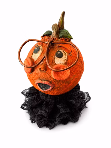 Handmade Whimsical Pumpkin Shelf Sitter with Glasses | Paper Mache Halloween Decor | OOAK Folk Art Pumpkin | Spooky Cute Decor