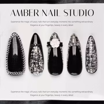 Black White Tweed French Tip Press On Nails, Camellia with Pearl, Aristocratic Nails