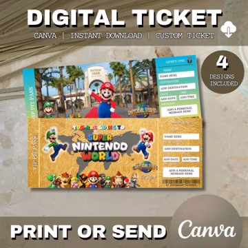 Printable HOLLYWOOD UNIVERSAL Studios Surprise Reveal Trip Gift Template. Super Nintendo World Keepsake Faux Trip Gift Ticket. Printable Pdf