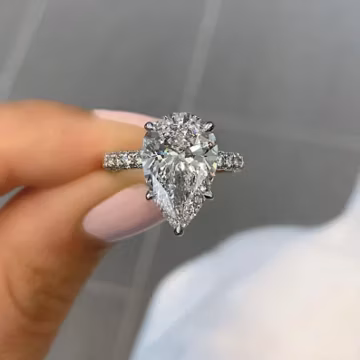 18K Solitaire White Gold Proposal Ring, 3.0 Ct Pear Cut Lab Grown Diamond Engagement Ring, Unique Three Side & Hidden Halo Diamond Ring.