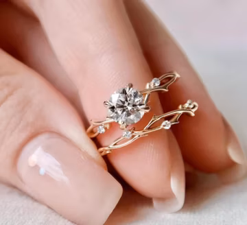 Round Cut Lab Grown Twig Engagement Ring Set, 14K Rose Gold Nature Wedding Ring Set, Unique Twisted Proposal Ring Set, Bridal Ring Set.