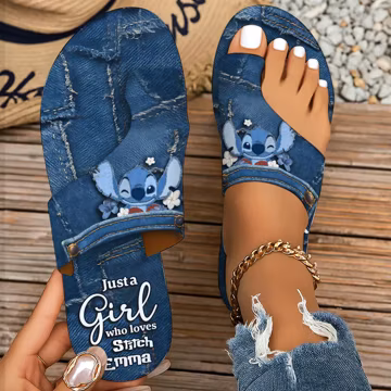 Just A Girl Who Loves Stitch Open Toe Sandals, Blue Monster Ohana Denim Print Arch Support Sandals, Stitch Fan Slippers ipatusth00368