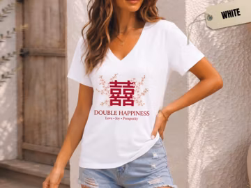 Double Happiness Graphic Tee, Chinese Wedding Symbol Shirt, Sakura Floral Gift, Traditional Asian Art Apparel, Love Joy Prosperity