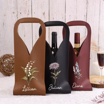 Personalized Wine Tote Bag, Custom Birth Flower Wine Bag, Custom Name Leather Wine Bag, Engraved Name Wine Bag, Housewarming, Wedding Gifts
