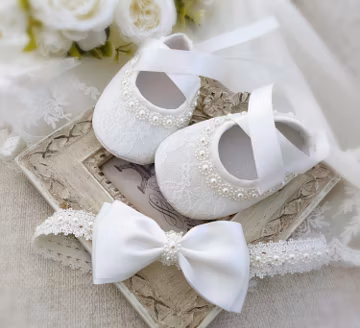 Lace Christening Baby Shoes with Pearl Daisy Headband