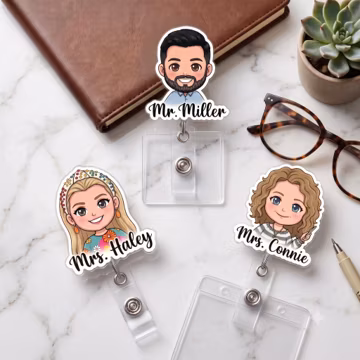 Custom Portrait Badge Reel, Personalized Cartoon Face ID Holder, Teacher Name Badge Clip, Custom Avatar Nurse Badge Reel Gift