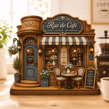 Personalized Coffee Shop Wooden Block, Cafe Storefront Shelf Sitter, Rustic Cafe Decor, 2D Flat