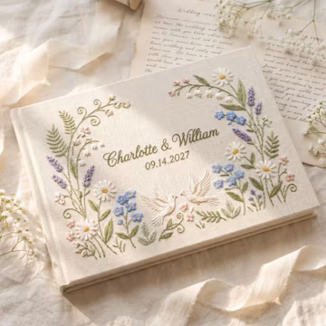 Embroidered Floral Wedding Album, Sage Green Linen, Custom Keepsake Book