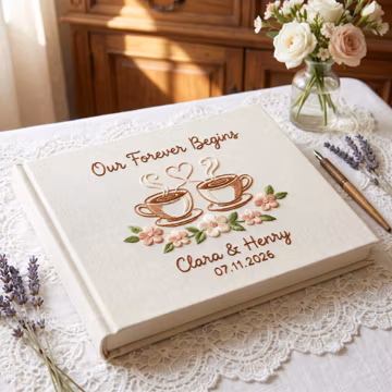 Our Forever Begins Wedding Guest Book, Coffee Lovers Embroidered Linen Guest Book, Floral Names and Date Keepsake