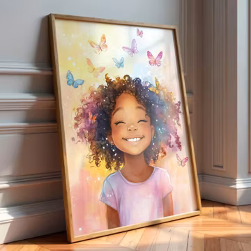 Joyful Black Girl Wall Art | Afro Girl with Butterflies | Whimsical Nursery Digital Print | Colorful Kids Room Decor | Printable Art