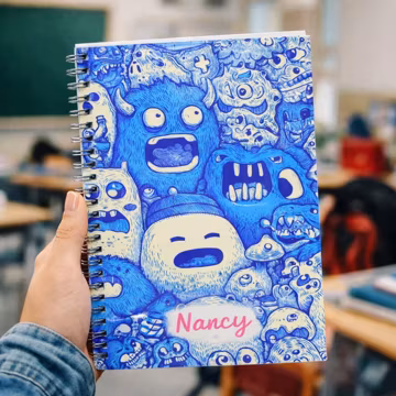 Personalized Monster Notebook with Custom Name-Blue Doodle Art Spiral Journal for ADHD Brain Dump