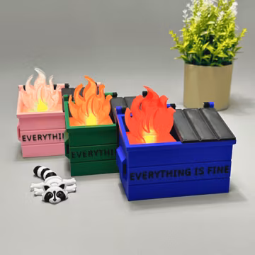 Dumpster Fire LED Desk Decor – Hand-Painted Flame, Custom Text – Funny Gift, Office Decor & Night Light for Emotional Vibes + Raccoon Add-On