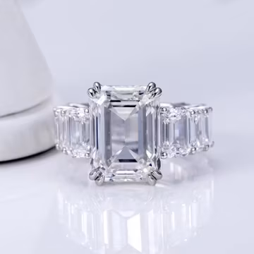 Emerald Cut Lab Grown Diamond Engagement Ring, Three Stone Diamond Ring, Baguette Side Stone Ring, White Gold Bridal Ring