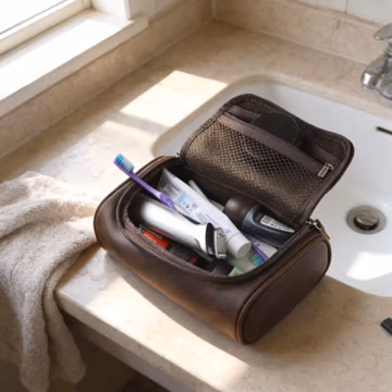 Handmade Crazy Horse Leather Dopp Kit: Coffee Brown Travel Toiletry Bag