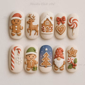 Gingerbread Holiday Press On Nails, Cozy Winter Christmas Nails, Snowflake Christmas Tree Nail Art