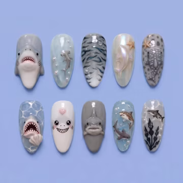 3D Shark Ocean Press On Nails, Cute Shark Nail Art, Blue Sea Animal Nails, Dolphin Whale Shark Nails, Summer Beach Nails