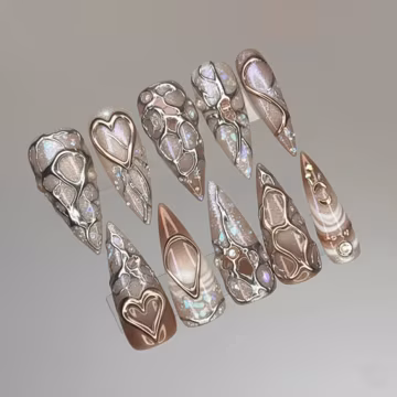 Bling Metal Chrome Nail Art, Autumn Press On Nails, Y2K Nails, Luxury Nail Art, Brown Tones for Autumn Look, Gothic Nail