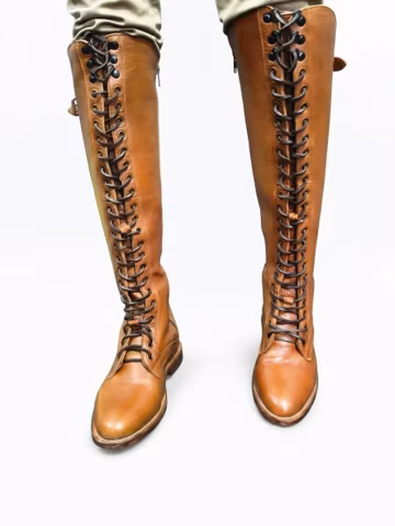 Women’s Brown Tall Leather Boots, Lace Up Knee High Boots, Riding Boots, Victorian Style Boots, Fashion Boots, Steampunk Costume Boots