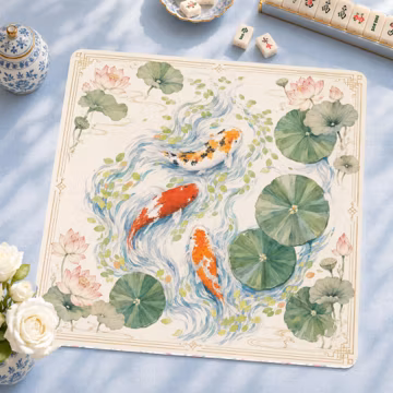 Watercolor Koi Pond Mahjong Mat, Lotus Flower Fish Game Night Decor, Non-Slip Table Cover, SHIPS ROLLED