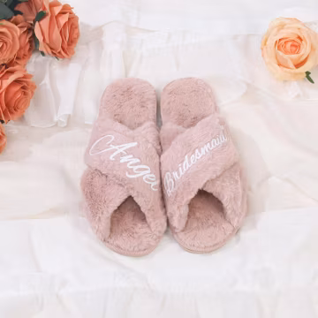 Personalized Fluffy Bridal Party Slippers, Custom Bridesmaid Gift