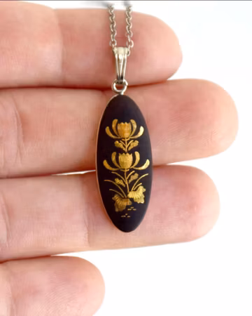 Japanese Higo Zogan Pendant Necklace | Gold Inlay on Metal Base | Vintage Jewelry | Japan Damascene Female Jewellery | Oriental Accessories