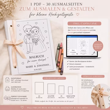 Hochzeit Malbuch für Kinder 30 Ausmalbilder PDF Digitaler Download Personalisierbare Titelseite Canva Vorlage Kinder Beschäftigung Hochzeit
