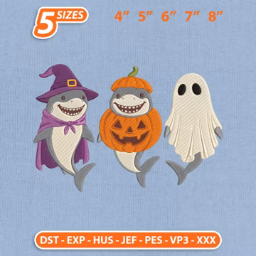 Halloween Shark Trio Embroidery Design, Spooky Season Witch Pumpkin Ghost Sharks Machine Embroidery File