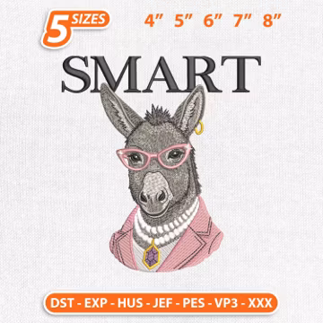 Smart Donkey Embroidery Design, Funny Farm Animal Pink Glasses Machine Embroidery File, Instant Download