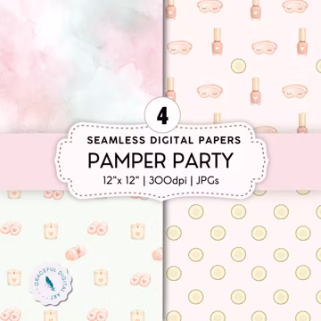 Pamper Party Seamless Digital Paper Set of 4 | Girls Spa Birthday Backgrounds | Cute Kawaii Spa Party Seamless Pattern Bundle