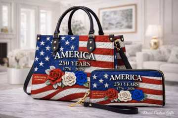 Custom America 250 Years Leather Handbag / Matching Wallet Set for Women, Personalized Flower Patriotic Purse, Fourth of July Bag, 1776-2026
