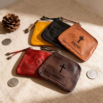 Personalized Leather Rosary Pouch, Custom Cowhide Coin Purse, Catholic Gift
