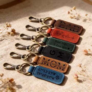 Personalized Leather Keychain, Engraved Keyring for Mom and Dad, Custom Key Fob, Anniversary Gift