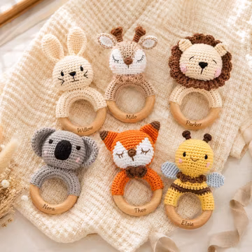 Personalized Baby Rattle, Wooden Animal Baby Rattle, Customizable Engraving, Handmade Newborn Anniversary Gift