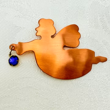 Vintage Copper Flying Guardian Angel Silhouette Brooch Pin w/ Dangling Blue Rhinestone - Comes w/ Organza Gift Bag