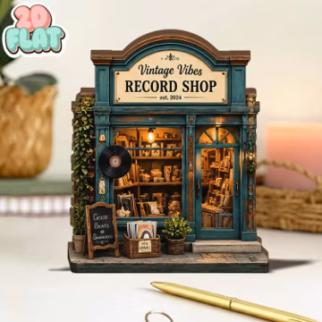 Miniature Record Shop Wooden Block, Custom Vintage Vibes Music Store Sign, Retro Vinyl Display