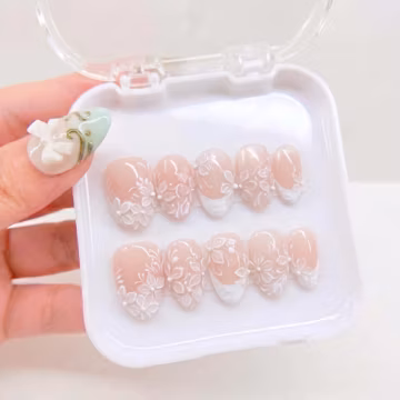 White Floral Press On Nails, Bridal Wedding Nails, Handmade Glue On Nails, French Tip Almond Nails, Elegant Blossom Nail Set