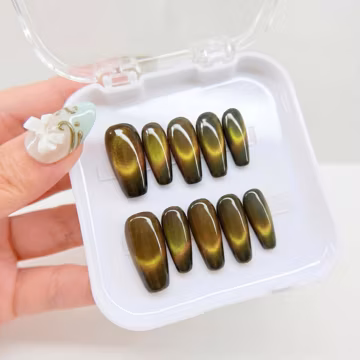 Olive Green Cat Eye Press On Nails, Golden Aura Handmade Nails, Dark Chrome Fake Nails, Fall Almond Glue On Nails