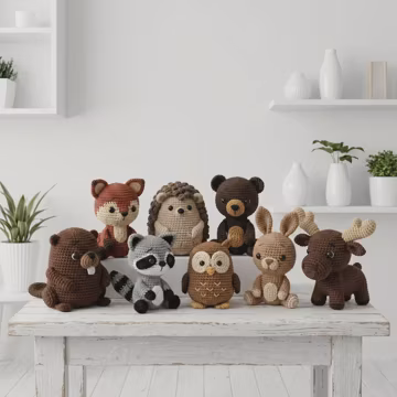 Crochet Pattern Bundle 8in1 WoodLand Animals Adorable Baby wood Collection Moose, Beaver , Rabbit, Owl , Raccoon, Porcupine Fox and Bear PDF