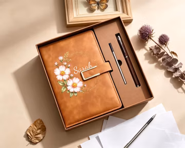 Personalized Leather Notebook Pen Set, Birth Flower Notebook, Birthday Gift for Her, Best Friend Gift, Business Gift, Bridal Shower Gifts