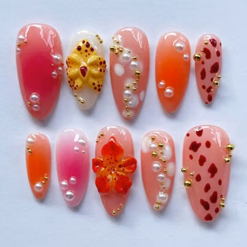 Vibrant Summer Nails, Reusable Press On Nails, Spring French Press On Nails, 3D Flower Nails, Airbrush Nail, Daily Nails, Party/Holiday Nail
