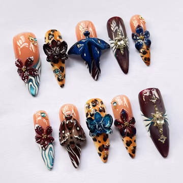Butterfly Moth Press On Nails, Luxury Leopard Gothic Fantasy Handmade Nail Art Set