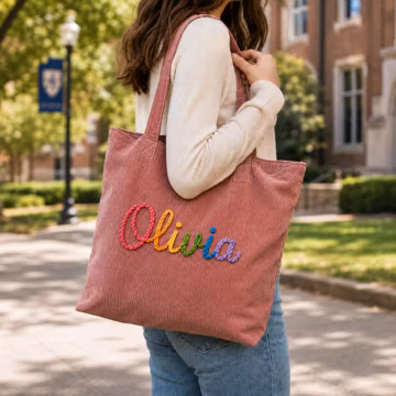 Custom Embroidered Teacher Tote Bag, Personalized Corduroy Name Tote, Teacher Appreciation Gift, Large 17” Everyday Shopper
