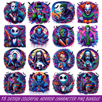 Colorful Horror Character PNG Bundle, Neon Scary Movie png design, Trippy Halloween Sublimation, halloween bundle png