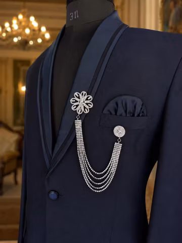 Luxury Navy Blue Men's Tuxedo Blazer with Silver Crystal Chain Brooch,