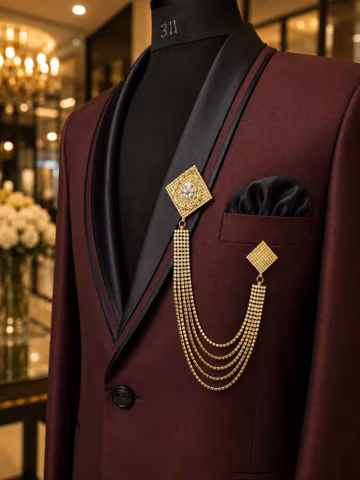 Luxury Charcoal Gray Men's Tuxedo Blazer with Gold Multi-Layer Chain Brooch,